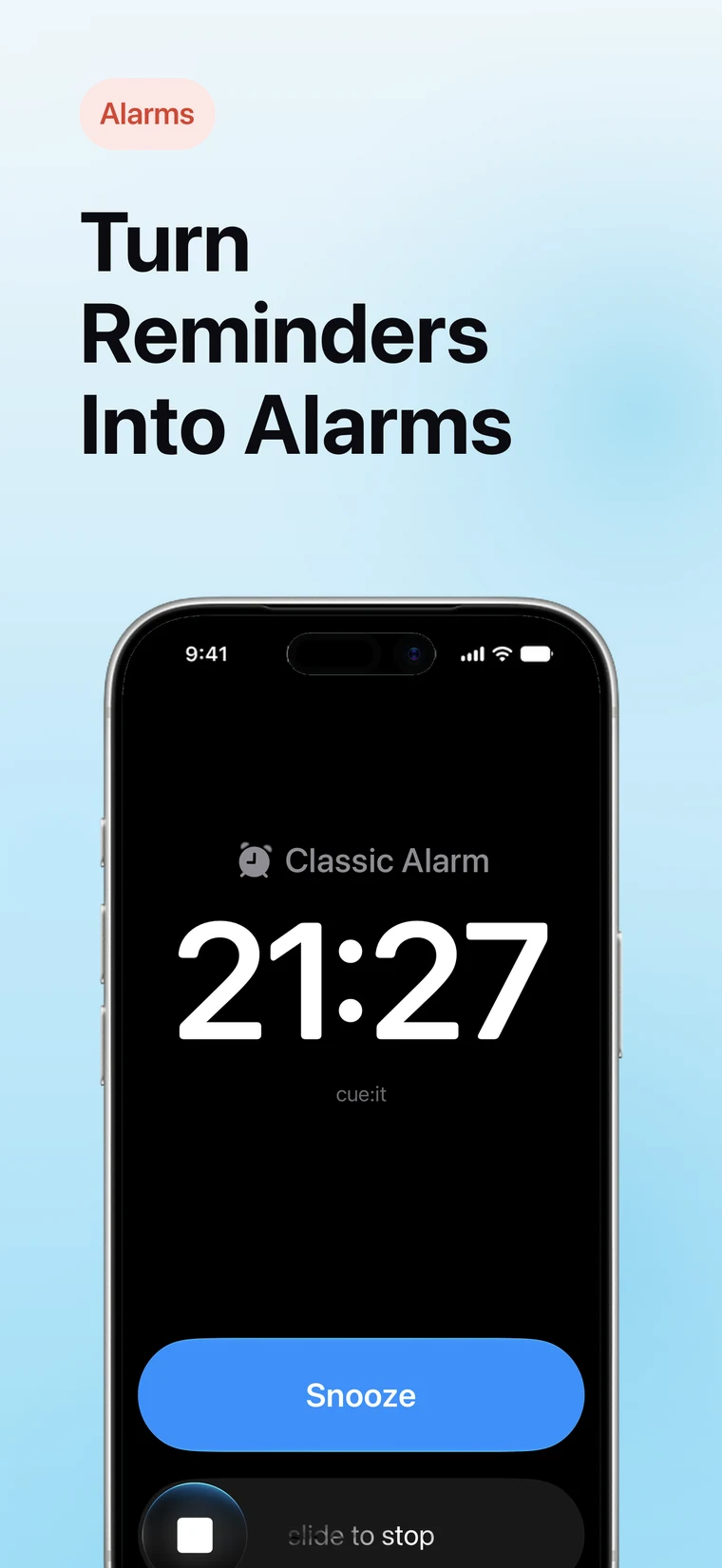 App Store screenshot: Turn reminders into alarms, showing an alarm on the Lock Screen
