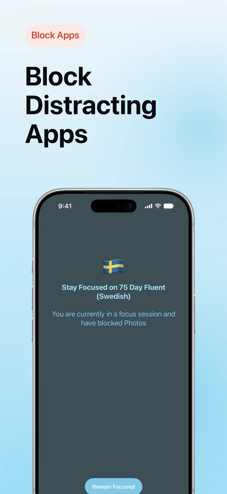 App Store screenshot: Block distracting apps, showing the focus shield