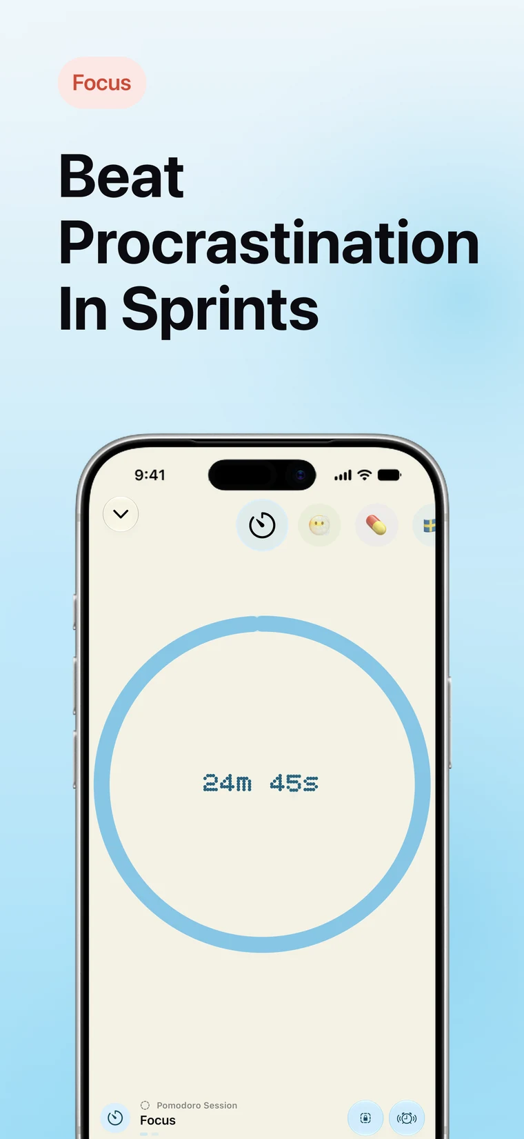 App Store screenshot: Beat procrastination in sprints, showing a Pomodoro timer