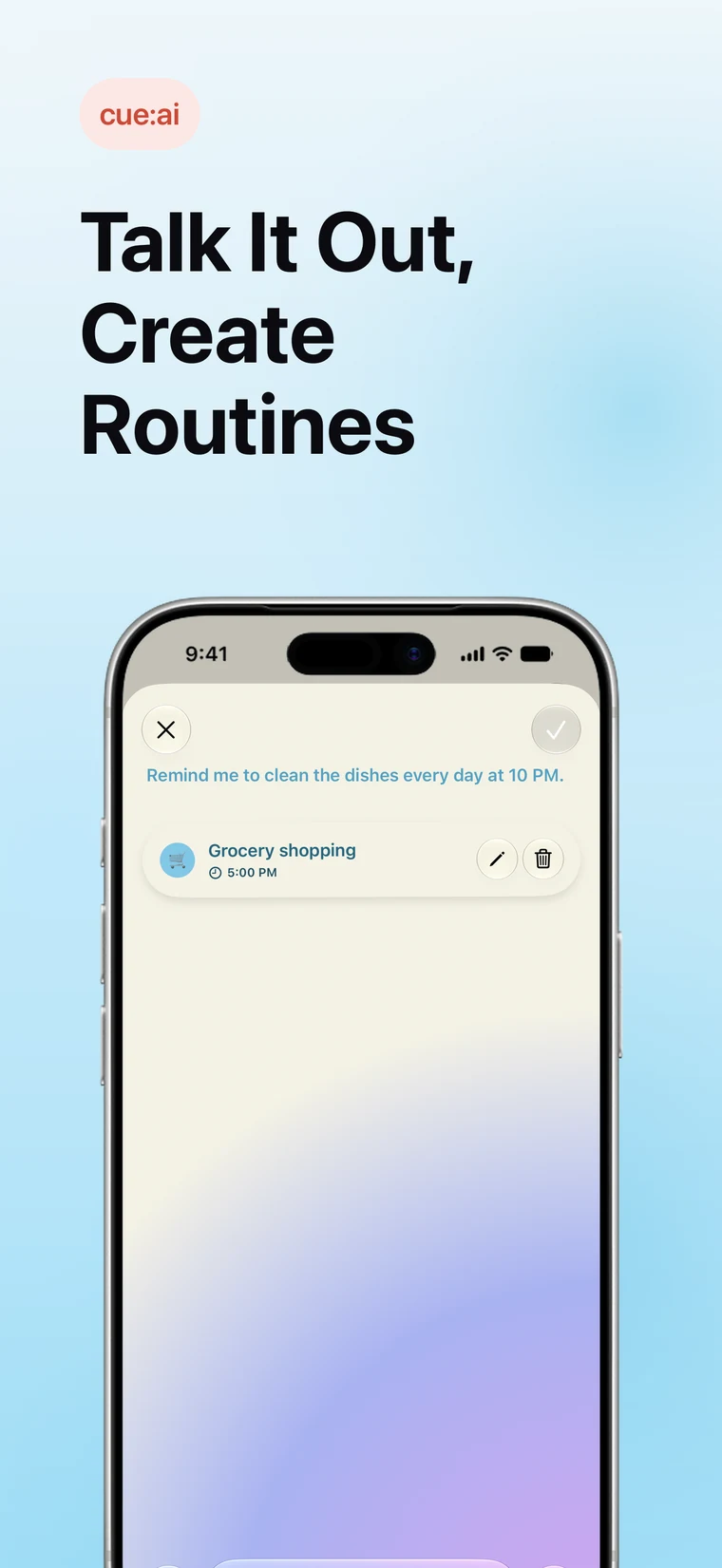 App Store screenshot: Talk it out, create routines, showing cue:ai
